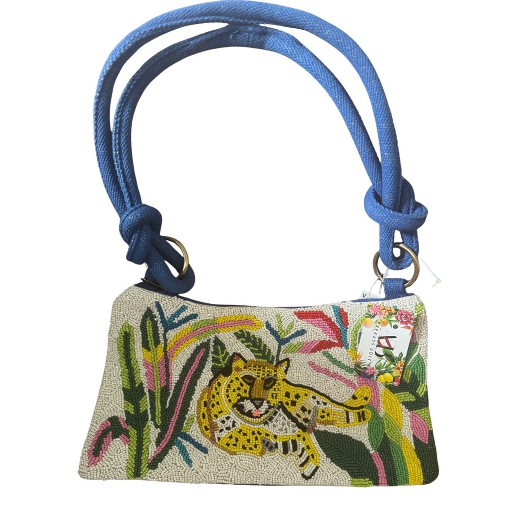 Viral Handcrafted Cheetah Jungle Tropical Beaded Shoulder Bag Blue Jute NWT